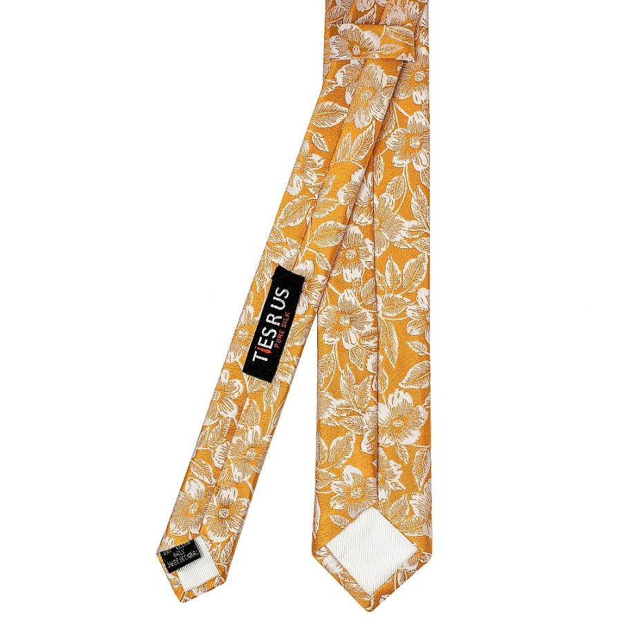 Mens Gold Floral Silk Skinny Tie