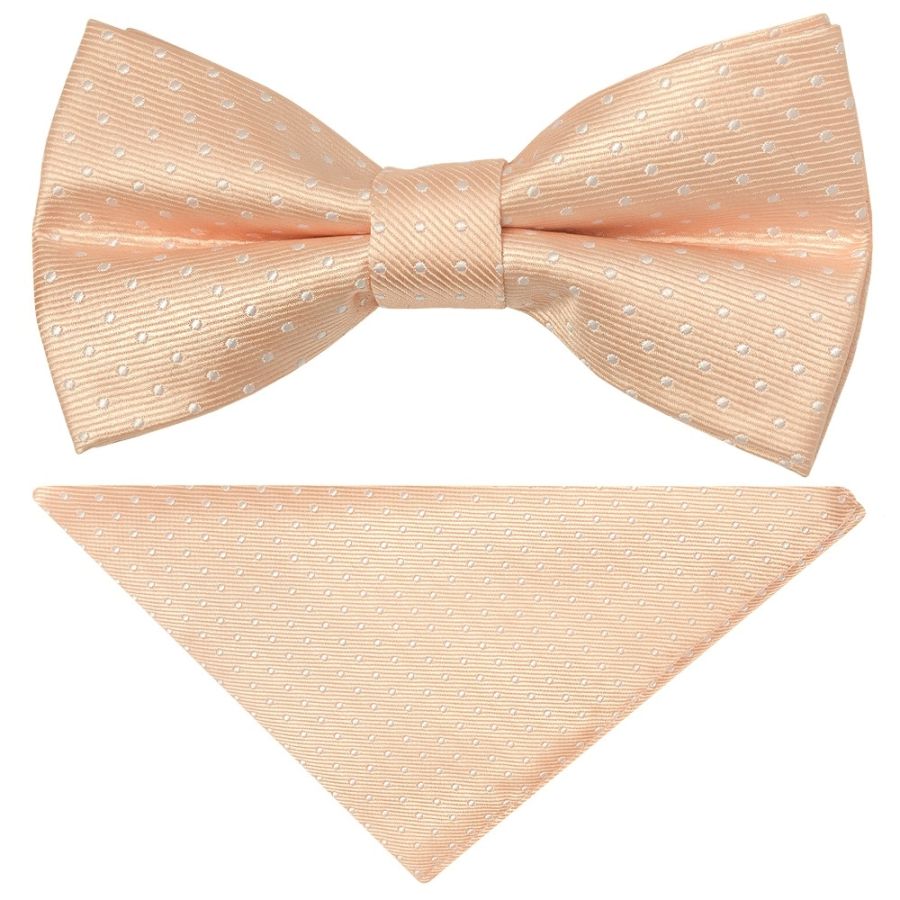 Pre Tied Peach and White Polka Dot Boys Bow Tie and Pocket Square Set