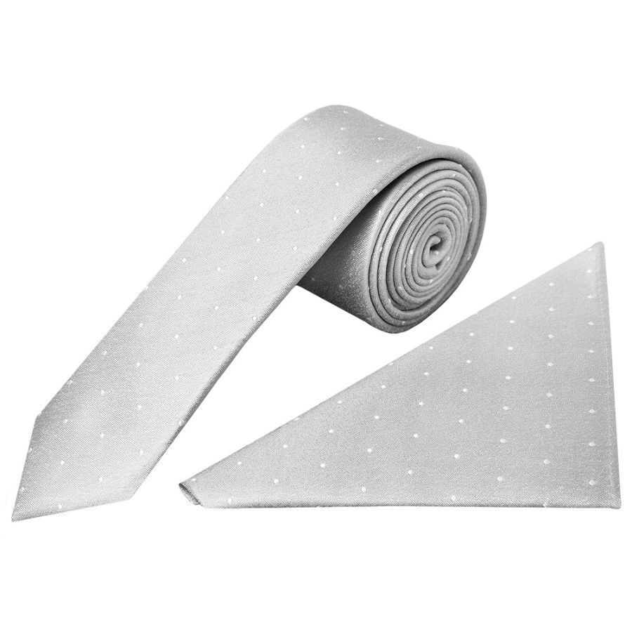 Silver with White Spot Silk Skinny Tie and Pocket Square Set