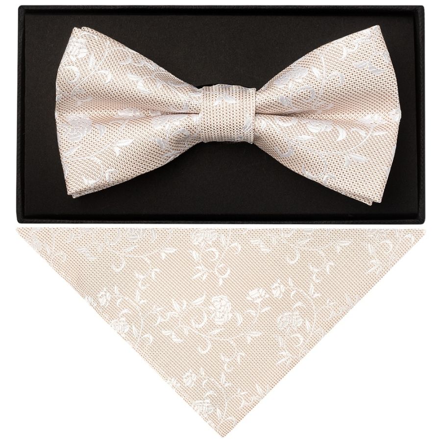 Champagne and White Floral Handmade Mens Bow Tie and Pocket Square Set