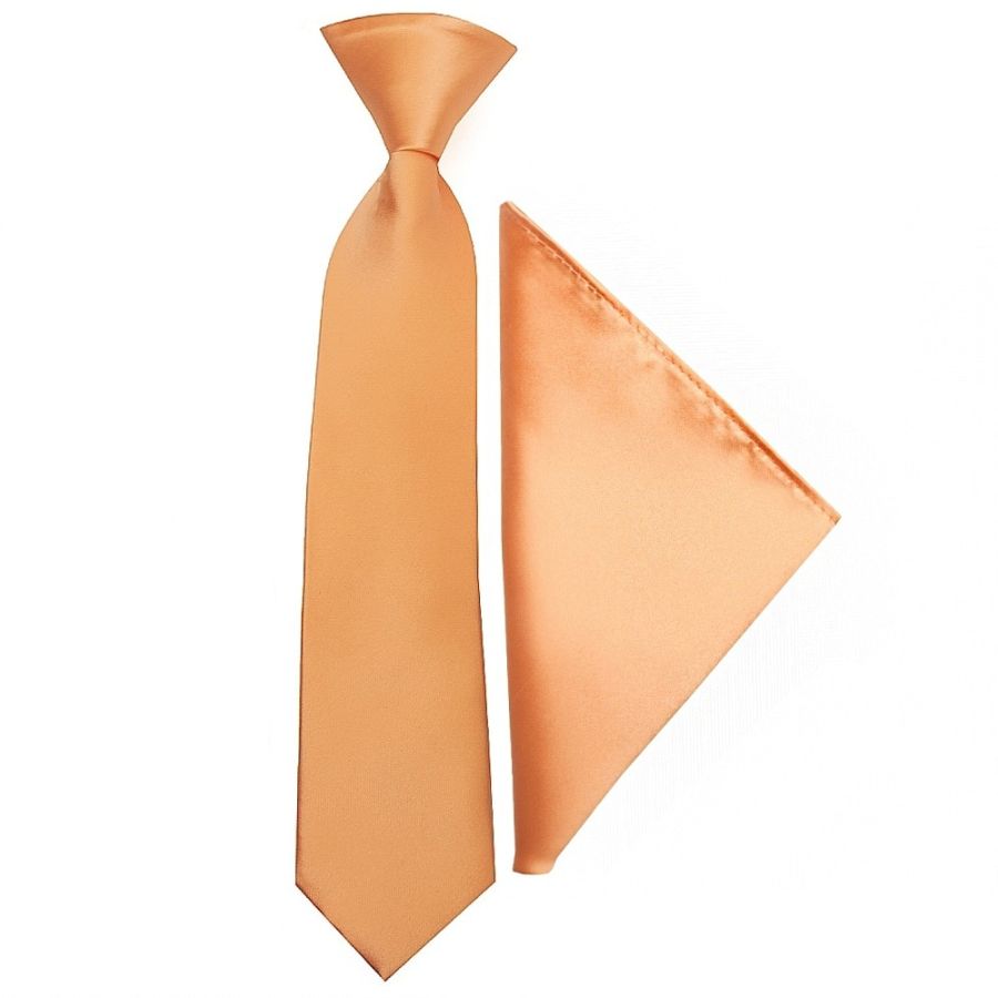 Pre Tied Peach Satin Boys Tie and Pocket Square Set Age 4-7