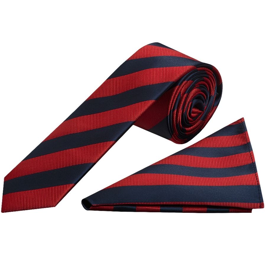 Navy and Red Striped Skinny Men's Tie and Pocket Square Set