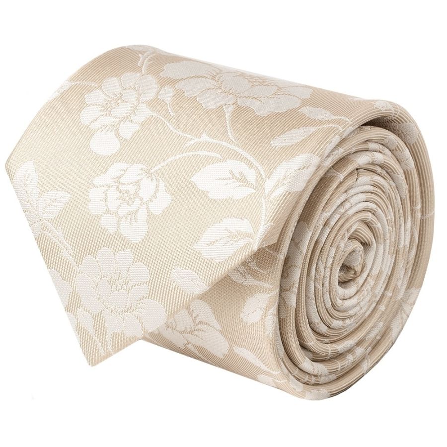 Champagne with White Floral Silk Classic Tie and Pocket Square