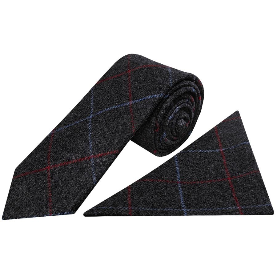 Mens Navy Check Classic Tie and Pocket Square Set
