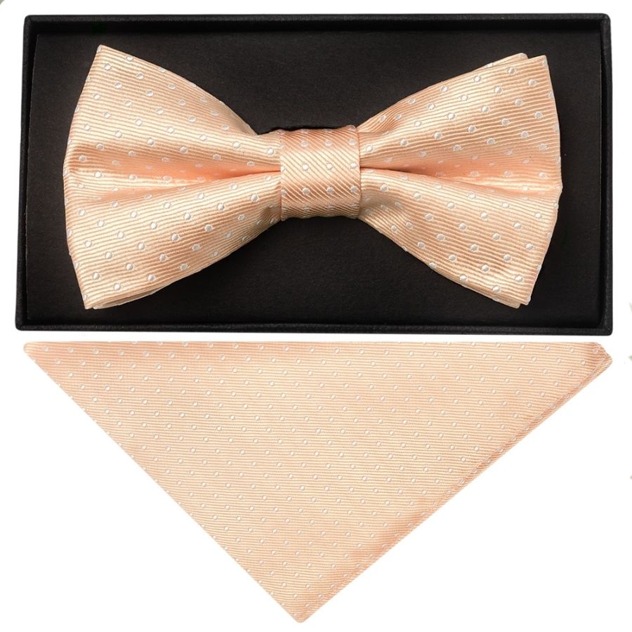 Handmade Peach And White Polka Dot Mens Bow Tie and Pocket Square Set