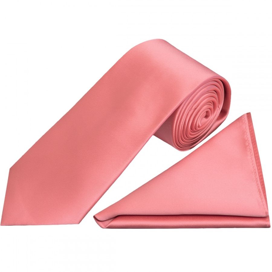 Plain Light Coral Pink Satin Classic Men's Tie and Pocket Square Set