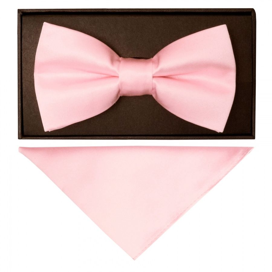 Plain Blush Pink Handmade Mens Bow Tie and Pocket Square Set