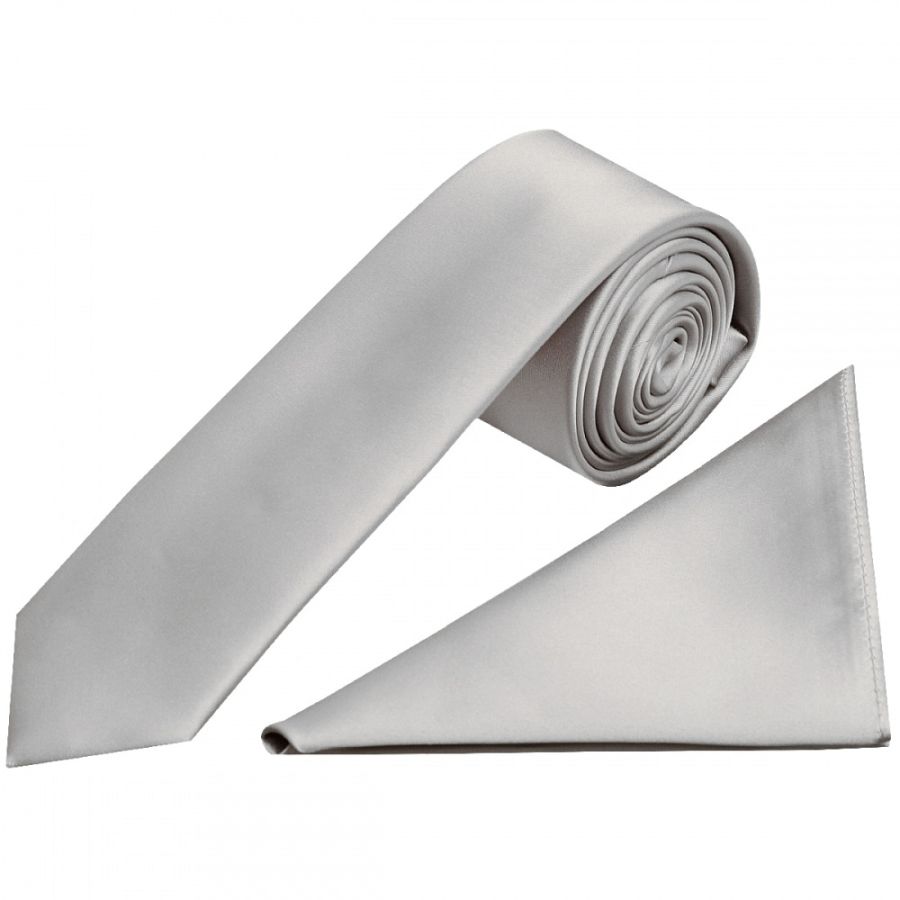 Plain Silver Satin Skinny Men's Tie and Pocket Square Set
