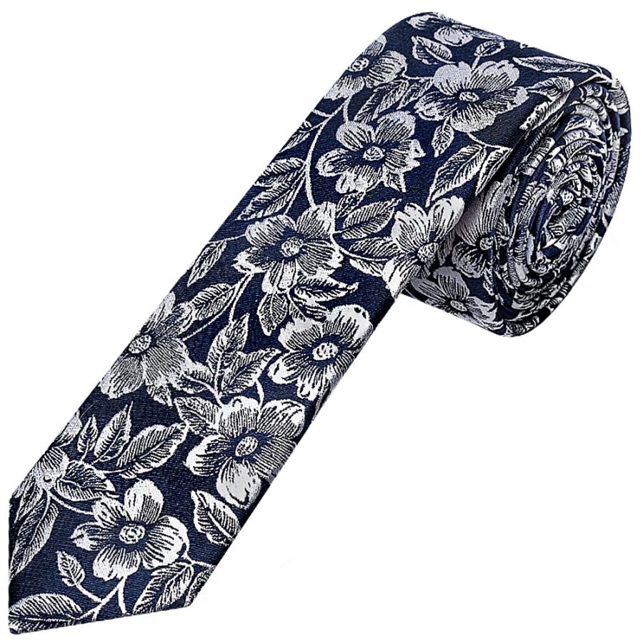 Mens Navy Floral Silk Skinny Tie