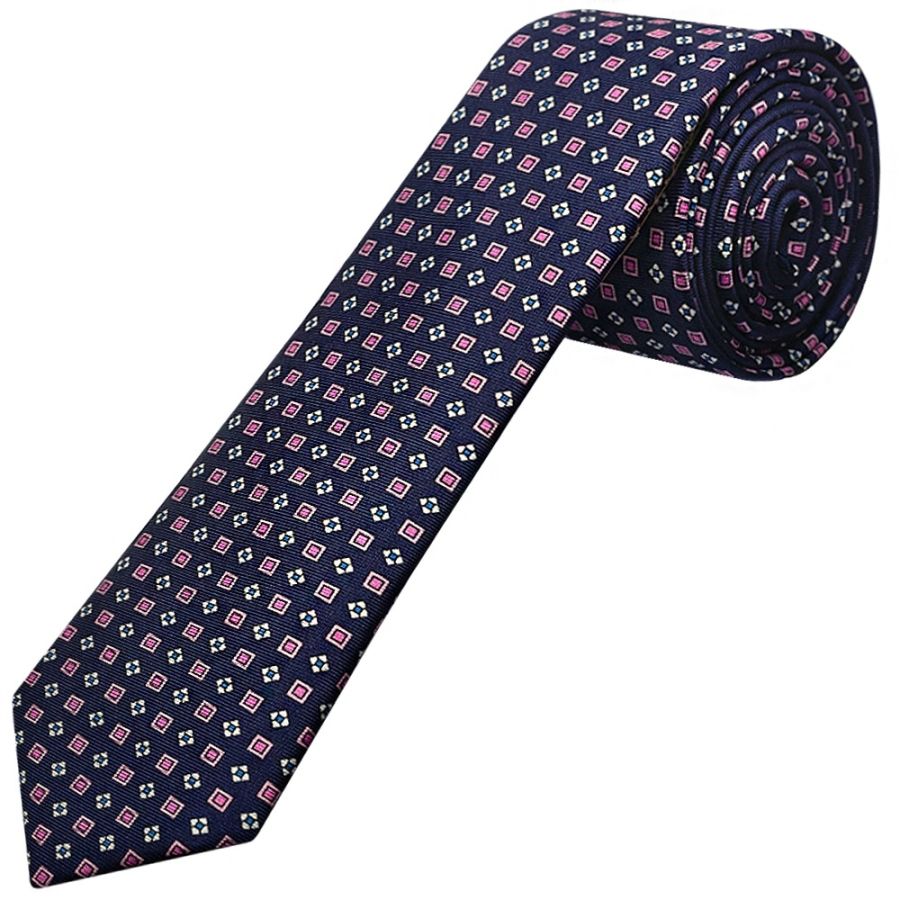 Navy with Pink Geo Silk Skinny Men's Tie