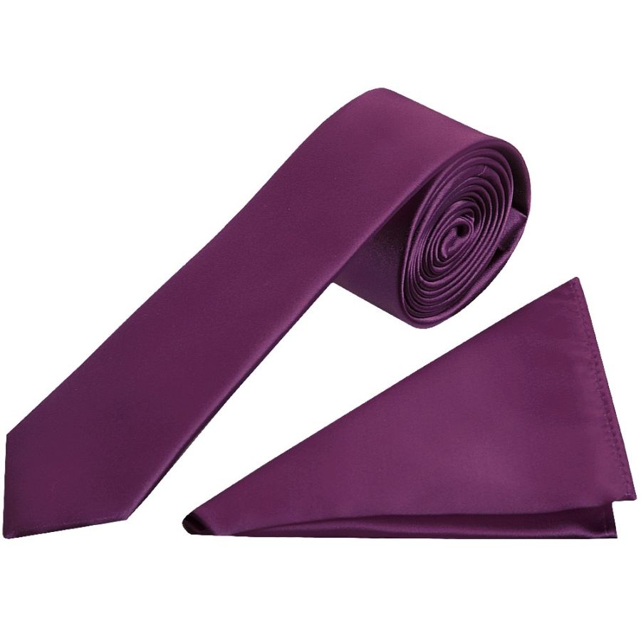 Plain Plum Satin Skinny Boys Tie and Pocket Square Set