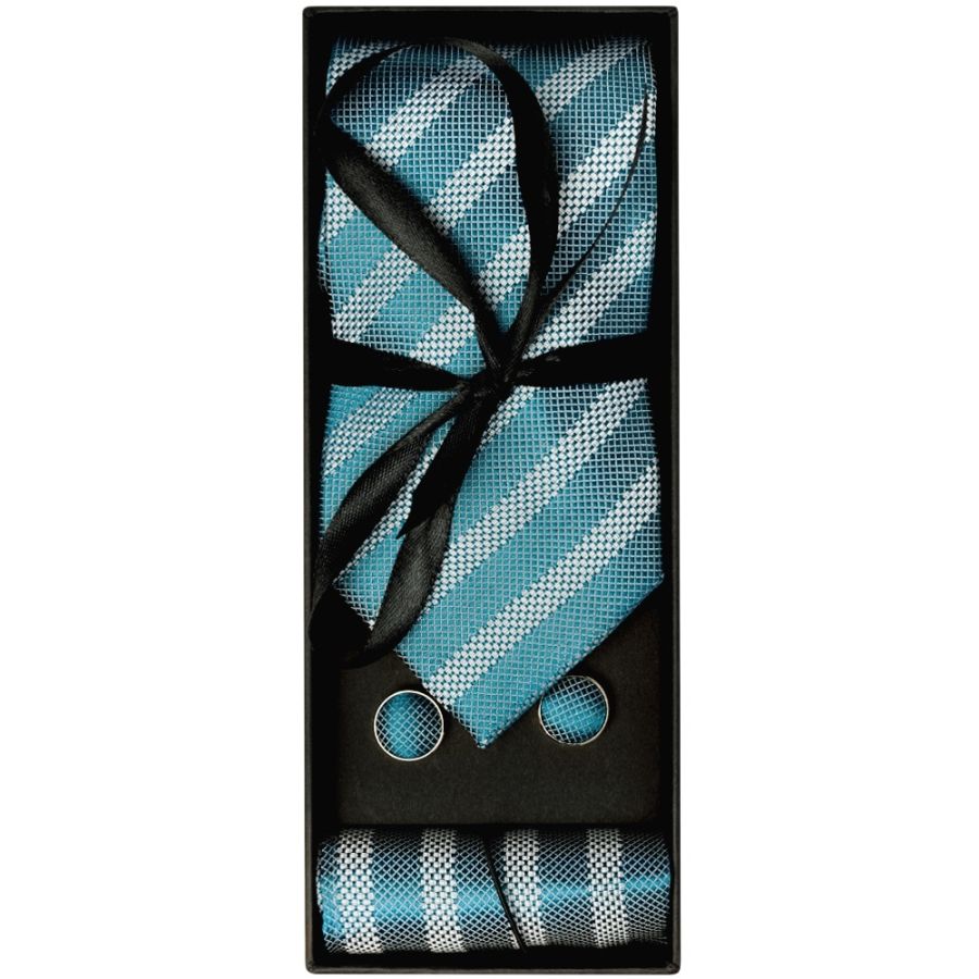 Mens Teal Textured Stripe Silk Classic Tie Pocket Square and Cufflinks Box Set