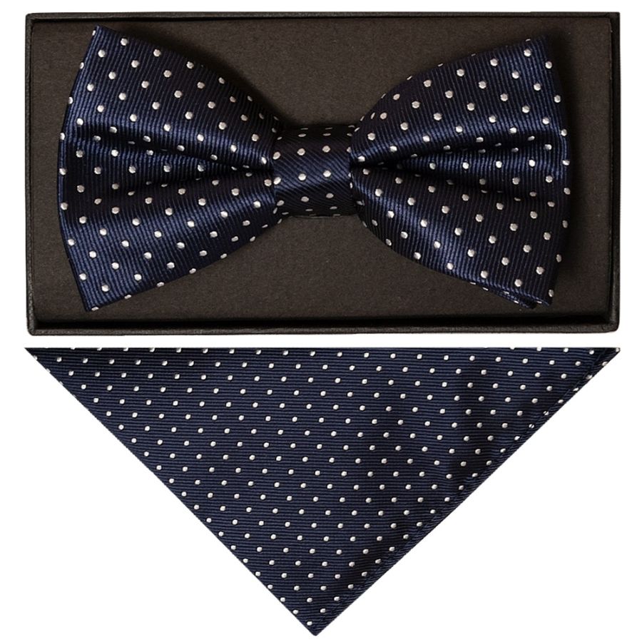Navy Blue And White Polka Dot Mens Bow Tie and Pocket Square Set