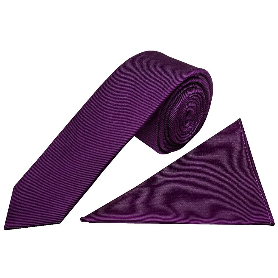 Purple Silk Twill Skinny Mens Tie and Pocket Square Set