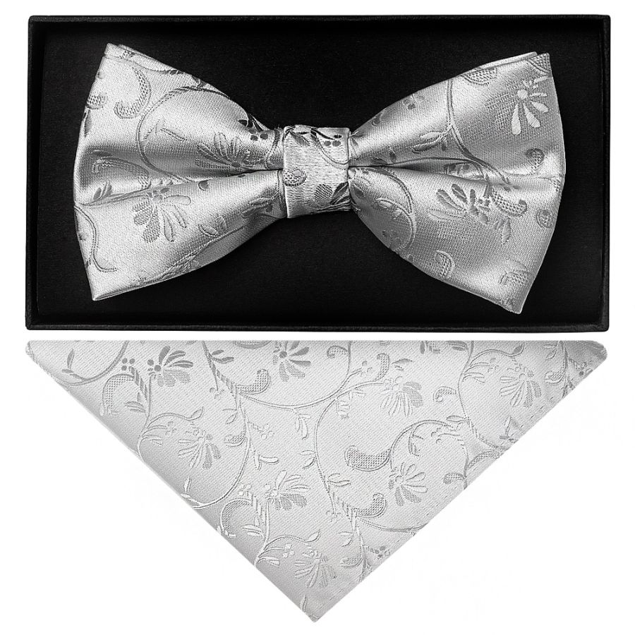 Silver Floral Handmade Mens Bow Tie and Pocket Square Set