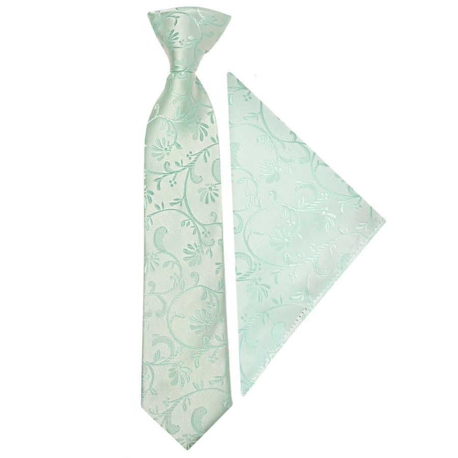 Pre Tied Mint Green Floral Boys Tie and Pocket Square Set Age 4-7