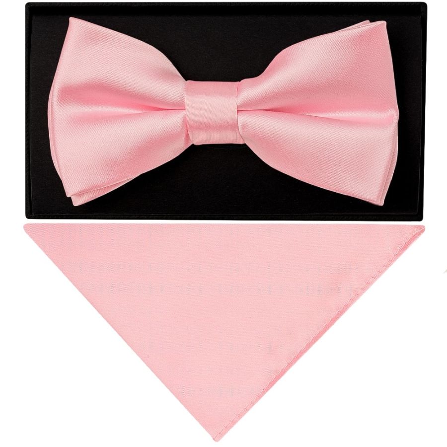 Plain Pink Hand Made Mens Bow Tie and Pocket Square Set