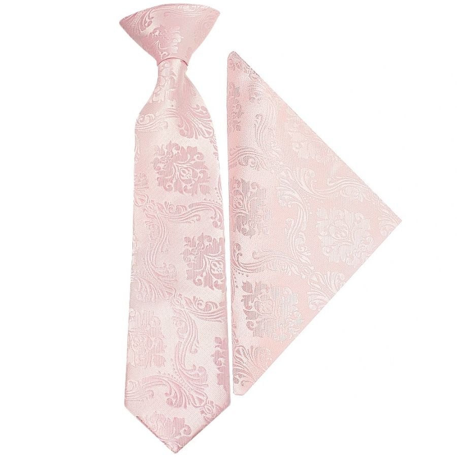 Pre Tied Blush Pink Paisley Boys Tie and Pocket Square Set Age 4-7