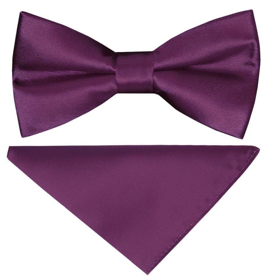Pre Tied Plum Satin Boys Bow Tie and Pocket Square Set - Age 4-7