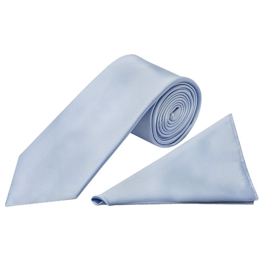 Plain Dusty Blue Satin Classic Mens Tie and Pocket Square Set