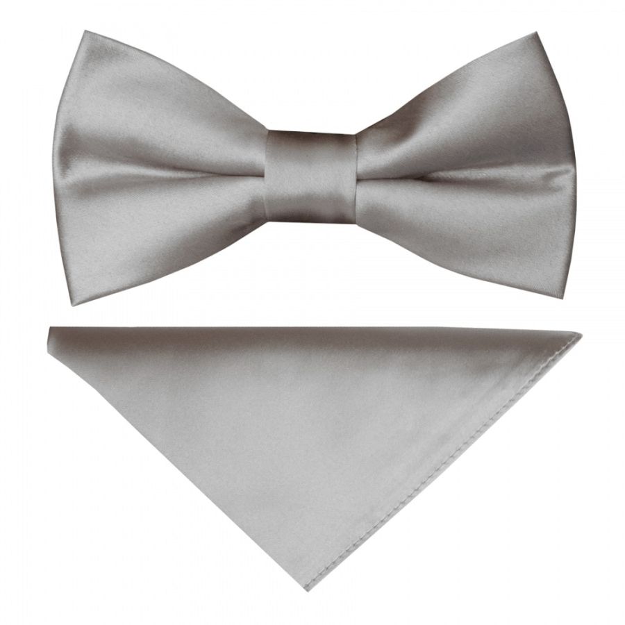Pre Tied Silver Satin Boys Bow Tie and Pocket Square Set Age 4-7