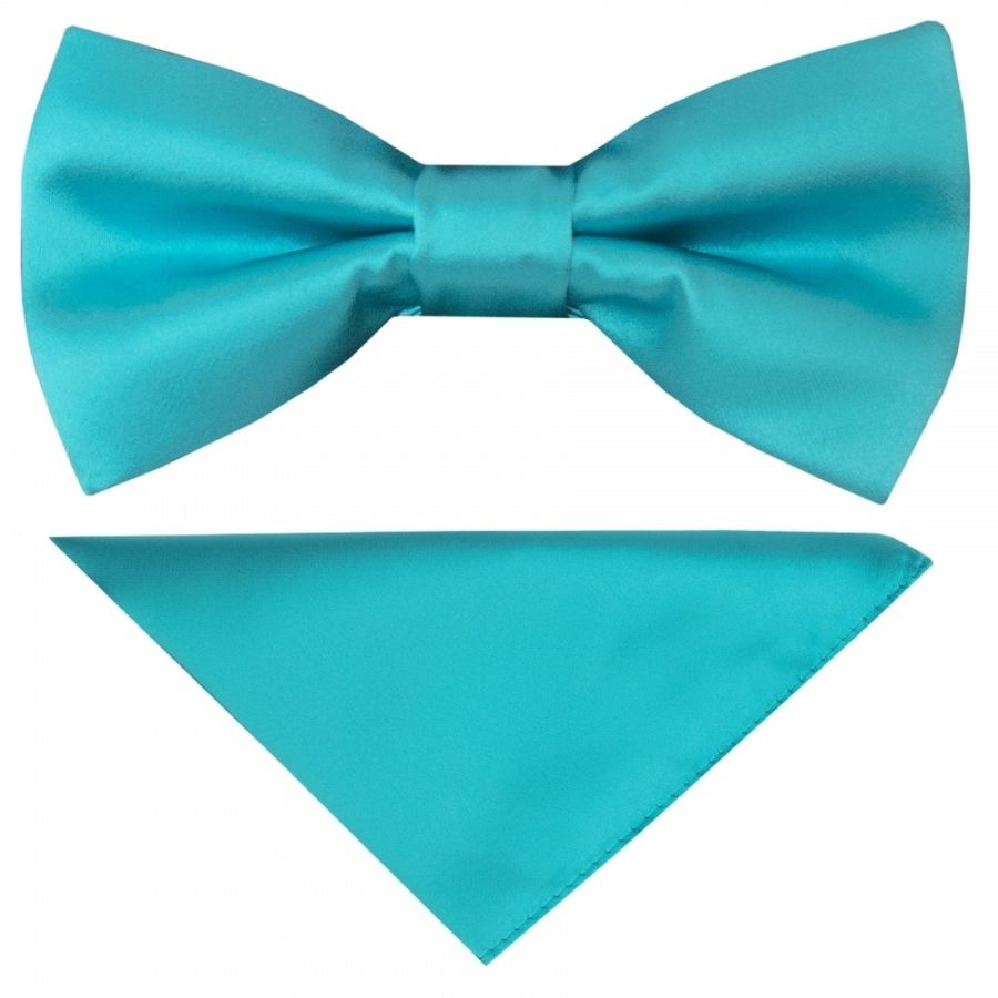 Pre Tied Turquoise Satin Boys Bow Tie and Pocket Square Set Age 4-7