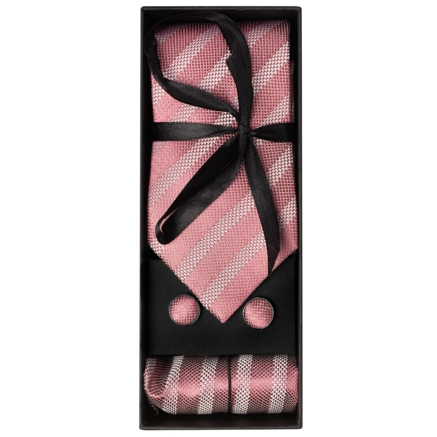 Mens Dusty Pink Textured Stripe Silk Classic Tie Pocket Square and Cufflinks Box Set