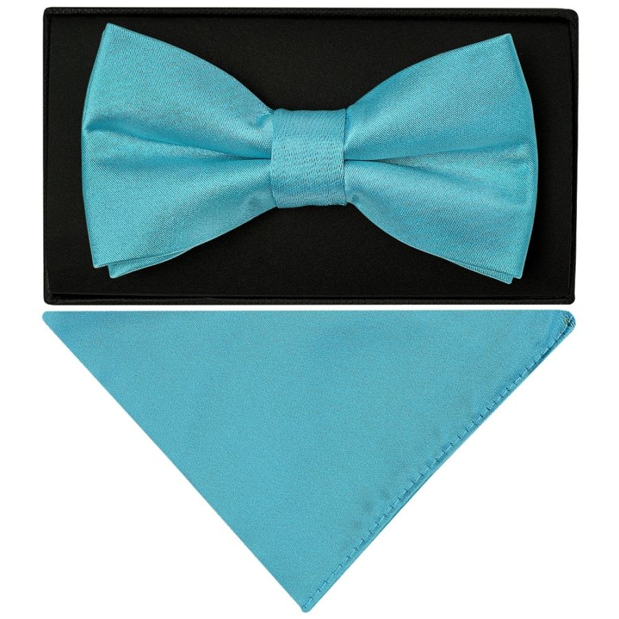 Turquoise Handmade Mens Bow Tie and Pocket Square Set
