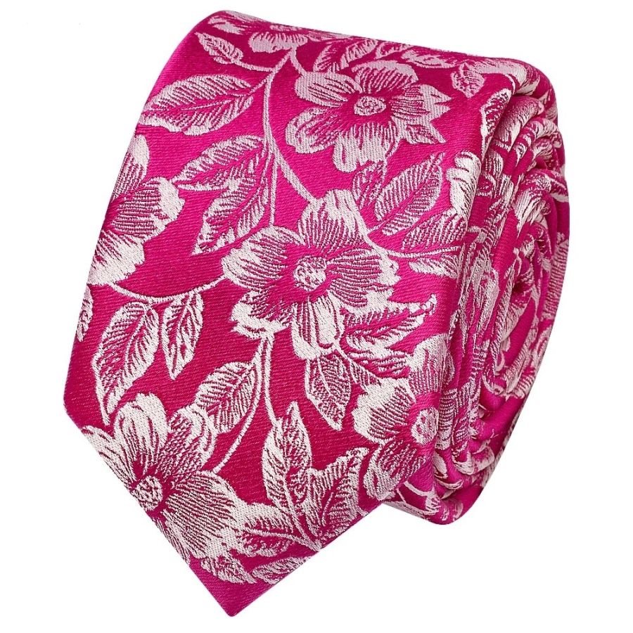 Mens Fuchsia Floral Silk Skinny Tie and Pocket Square