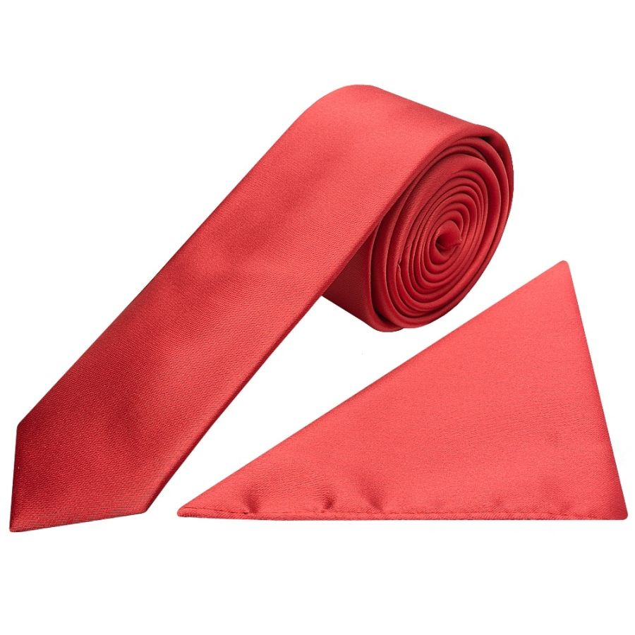 Fiesta Red Satin Skinny Boys Tie and Pocket Square Set