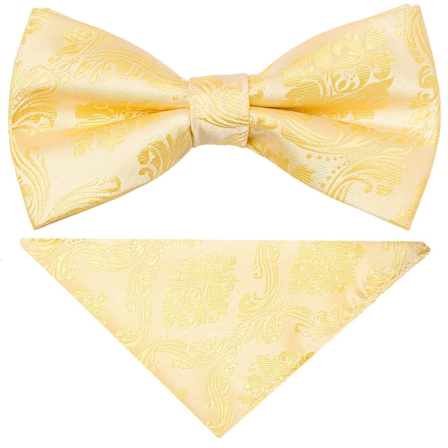 Pre Tied Gold Paisley Boys Bow Tie and Pocket Square Set