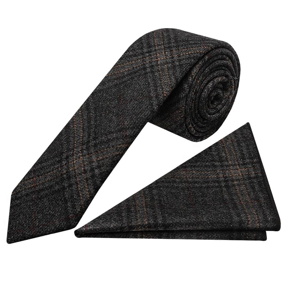Dark Grey Check Tweed Skinny Men's Tie and Pocket Square