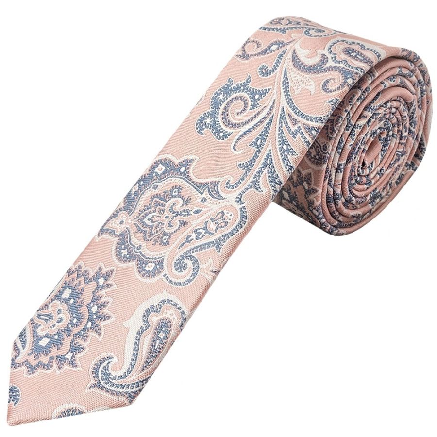 Pink and Blue Paisley Skinny Mens Tie and Pocket Square Set