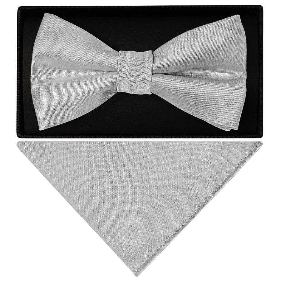 Plain Silver Handmade Mens Bow Tie and Pocket Square Set