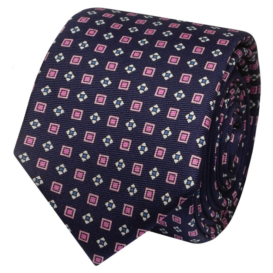 Navy with Pink Geo Silk Skinny Men's Tie