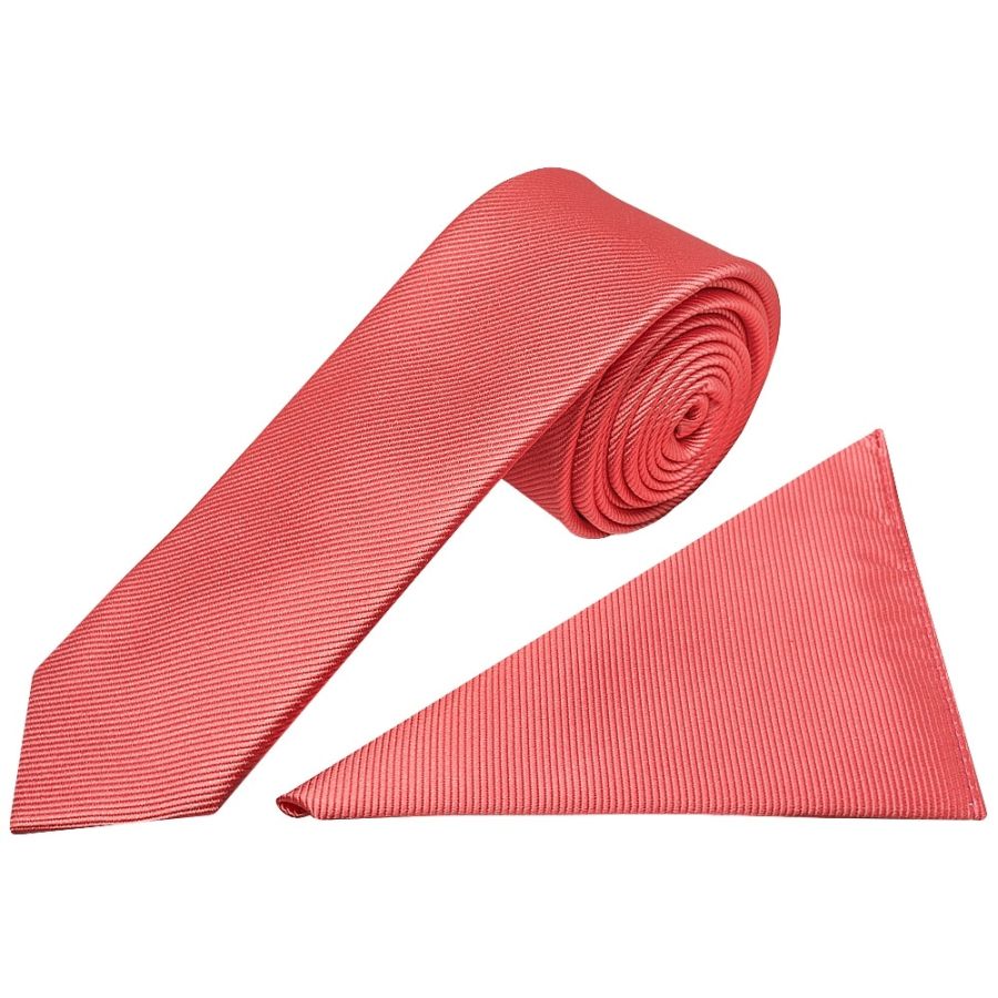 Salmon Pink Silk Twill Skinny Mens Tie and Pocket Square Set