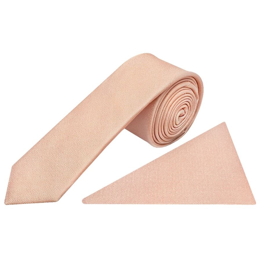 Plain Pale Peach Silk Skinny Boys Tie and Pocket Square Set