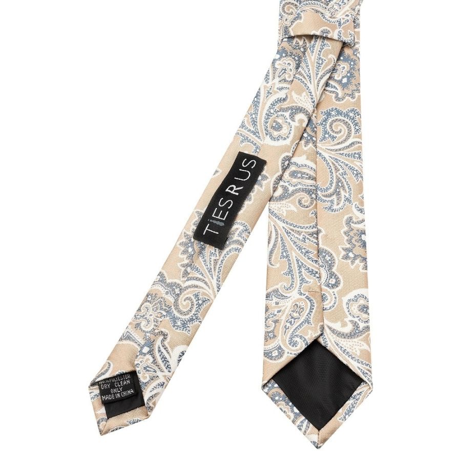 Champagne and Blue Paisley Skinny Men's Tie and Pocket Square Set