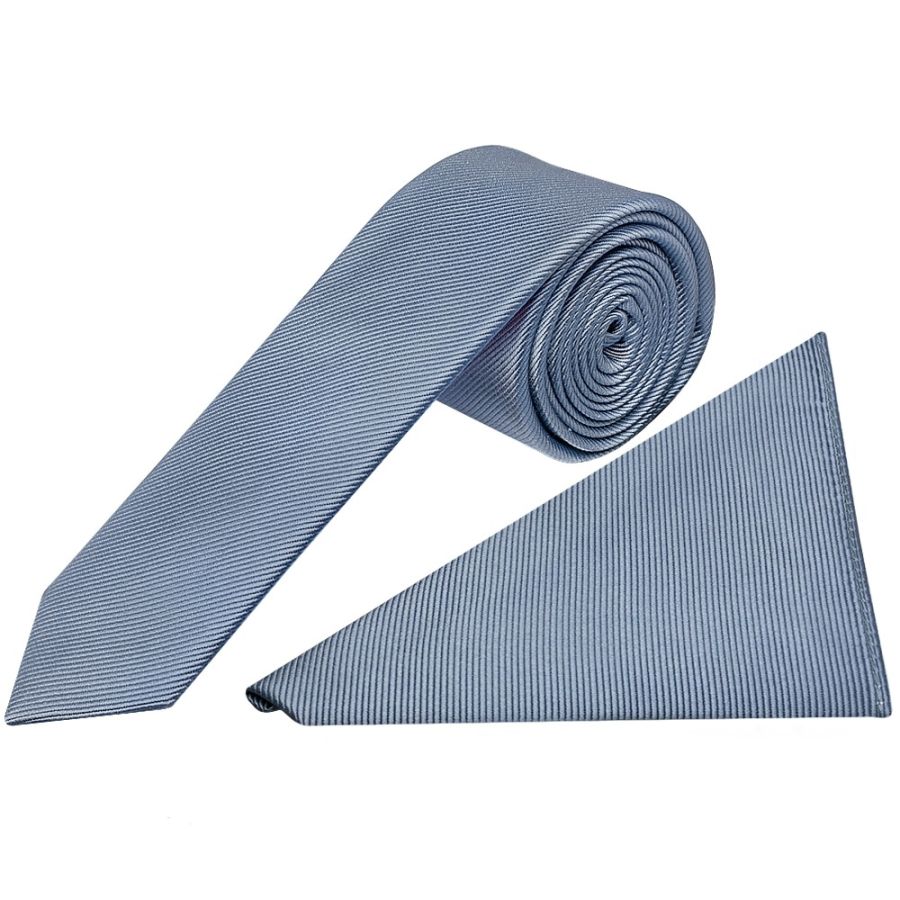 Dusty Blue Silk Twill Skinny Men's Tie and Pocket Square Set