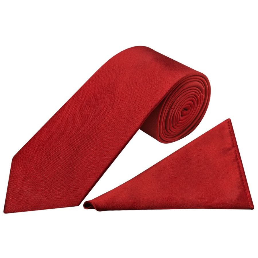 Plain Scarlet Red Satin Classic Men's Tie and Pocket Square Set