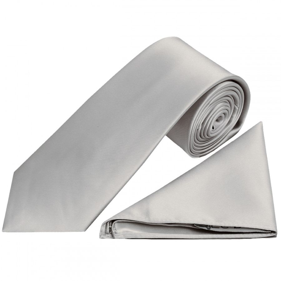 Plain Silver Satin Classic Men's Tie and Pocket Square Set