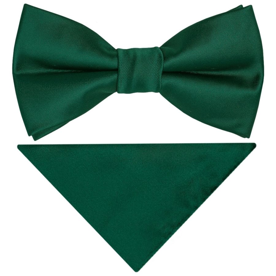 Pre Tied Bottle Green Satin Boys Bow Tie and Pocket Square Set