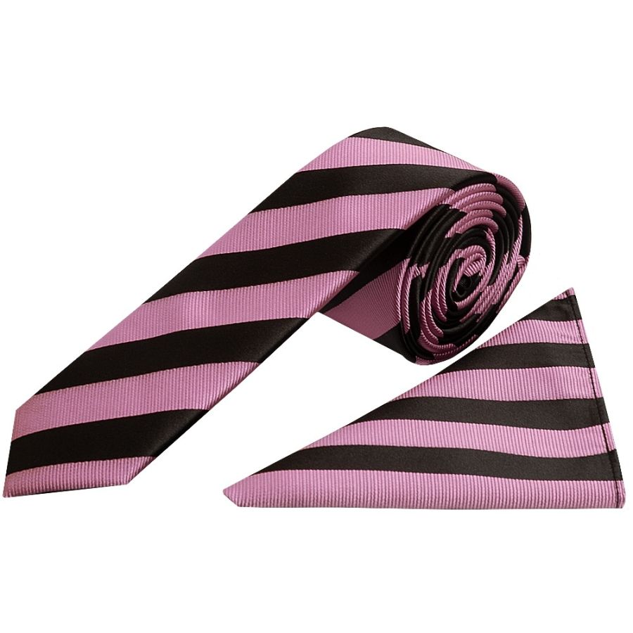 Black and Pink Striped Skinny Men's Tie and Pocket Square Set