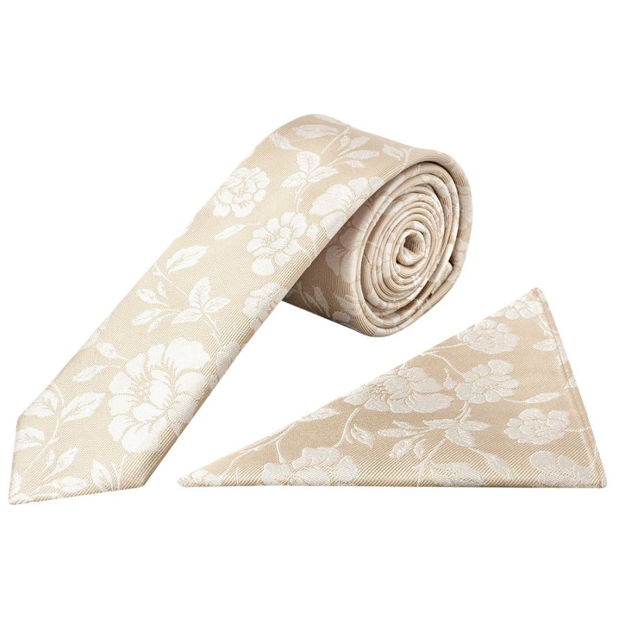 Champagne with White Floral Silk Skinny Tie and Pocket Square Set