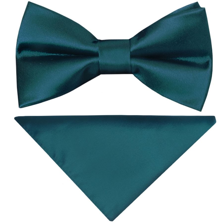 Pre Tied Dark Teal Satin Boys Bow Tie and Pocket Square Set