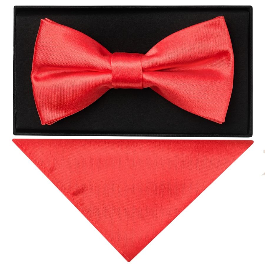 Plain Coral Pink Hand Made Mens Bow Tie and Pocket Square Set