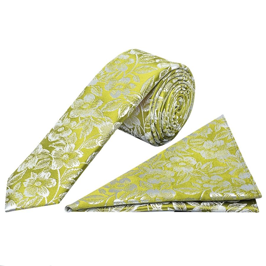 Mens Green Floral Silk Skinny Tie and Pocket Square