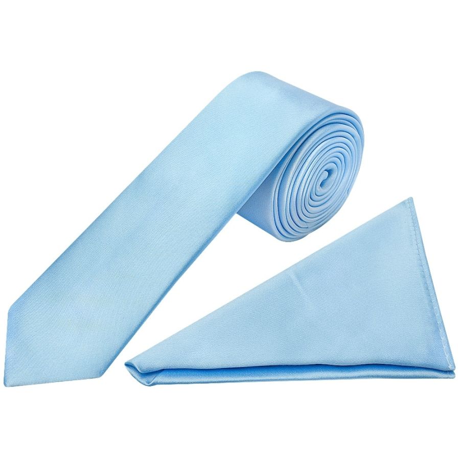 Plain Sky Blue Satin Skinny Boys Tie and Pocket Square Set