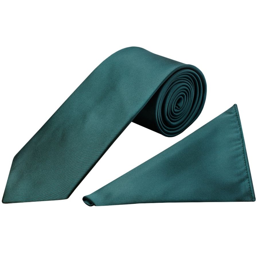 Plain Dark Teal Satin Classic Men's Tie and Pocket Square Set