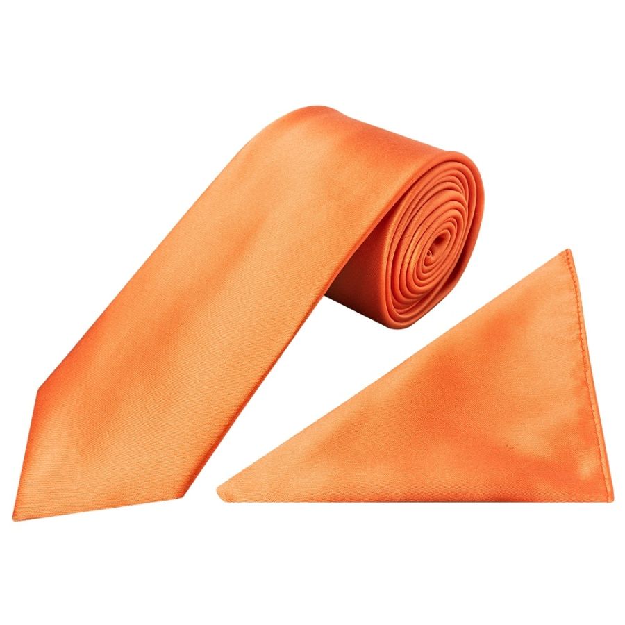 Plain Burnt Orange Satin Classic Men's Tie and Pocket Square Set